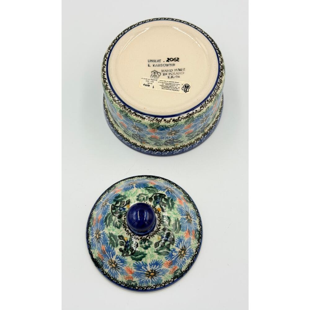 Unikat Polish Pottery E. Karbownik 6' Lidded Bowl Blue Wreath Jar - Picture 6 of 8